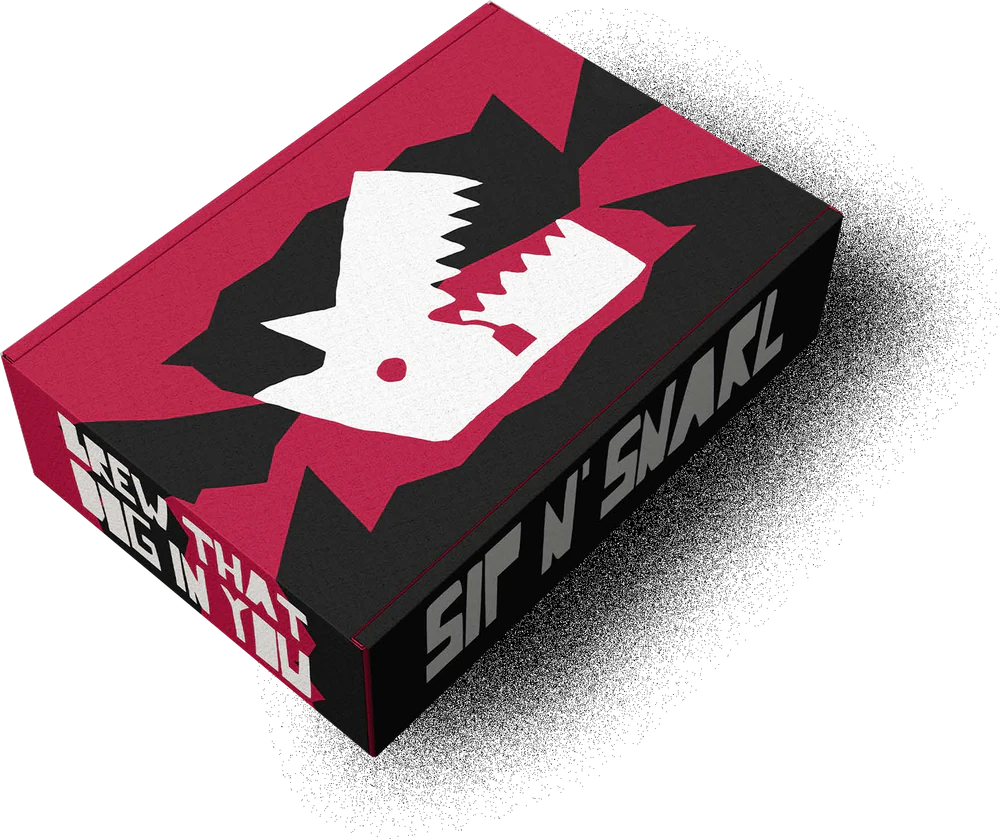 Sip N' Snarl subscription box, crimson and black with the snarling jaw mark.